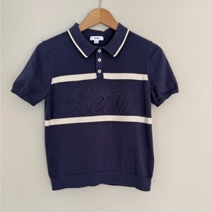 Reiss Kids Ellis Stripe Cotton Polo Navy & White with Raised Logo Sz 12-13y
